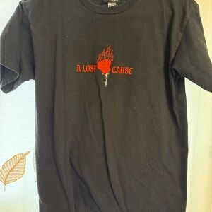 Lost Black Short Sleeve Tee with Red Flaming Rose Graphic